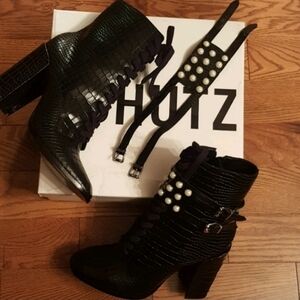 SCHUTZ Black Croc-Patterned Heeled Boots with Pearl Detail
